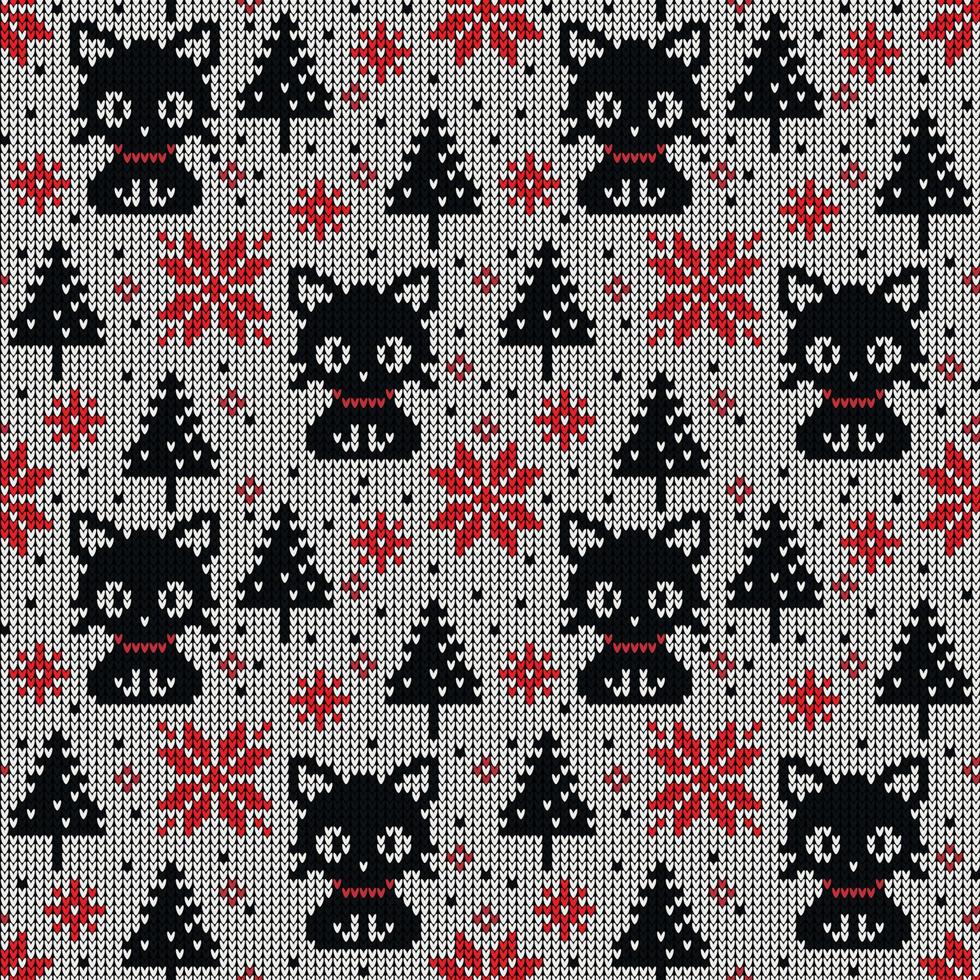 Knitted Christmas and New Year pattern in cats. Wool Knitting Sweater Design. Wallpaper wrapping paper textile print. Eps 10 vector