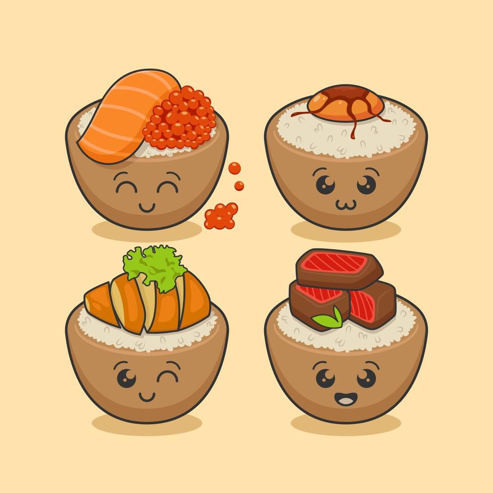 delicious asian food set with cute expressions vector