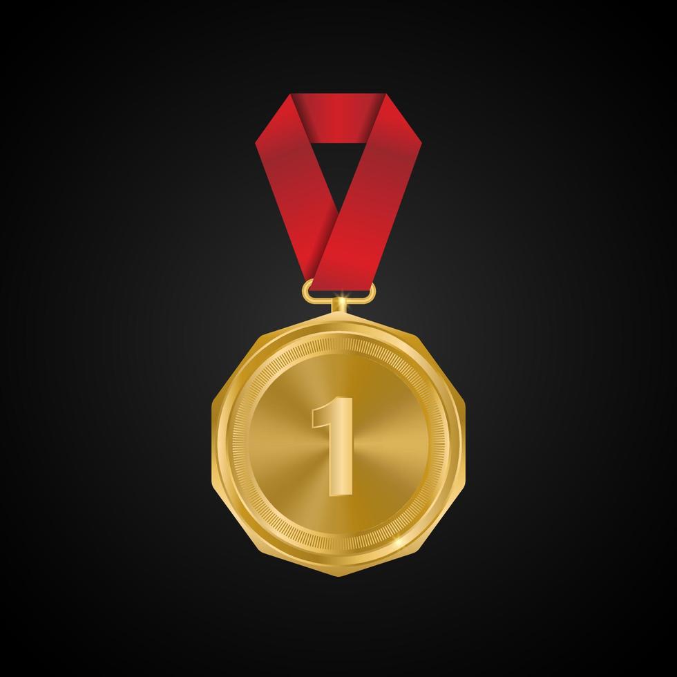 premio de primer lugar medalla de oro con cinta roja. colección de vectores