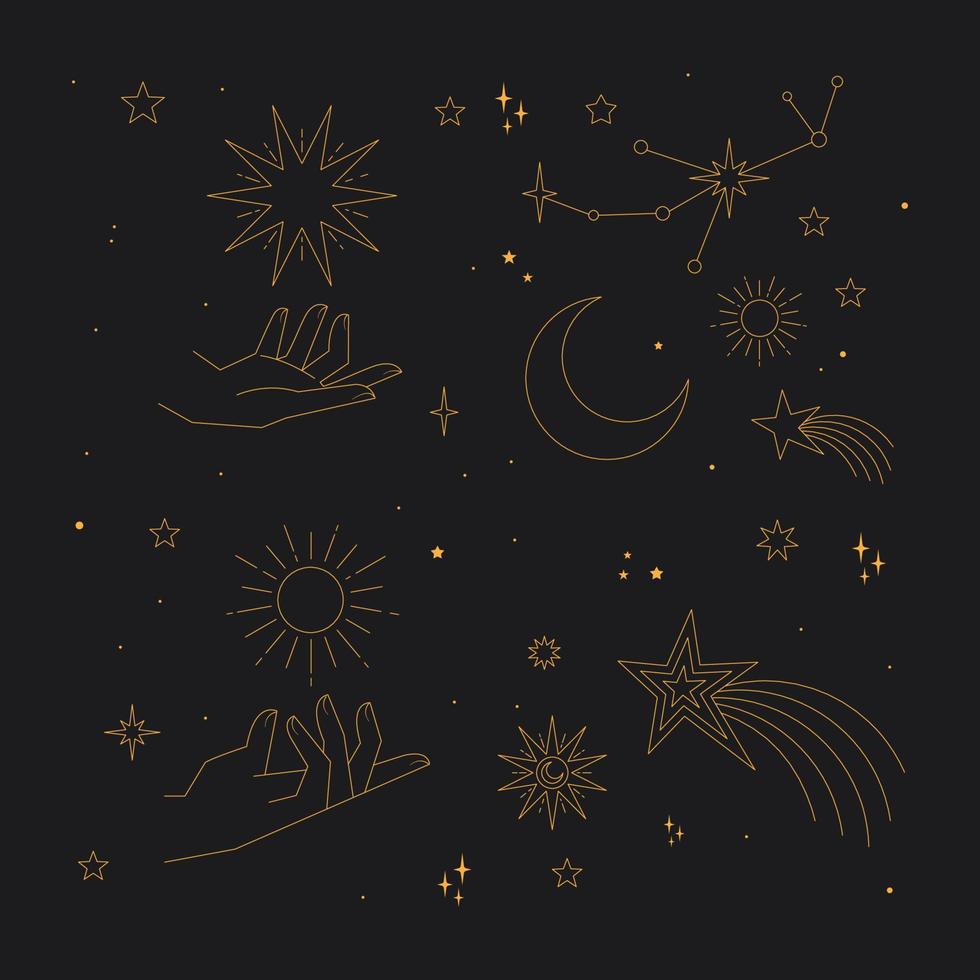 Astral stars linear icons. Mystic symbols, hands, planets, suns and moons. vector