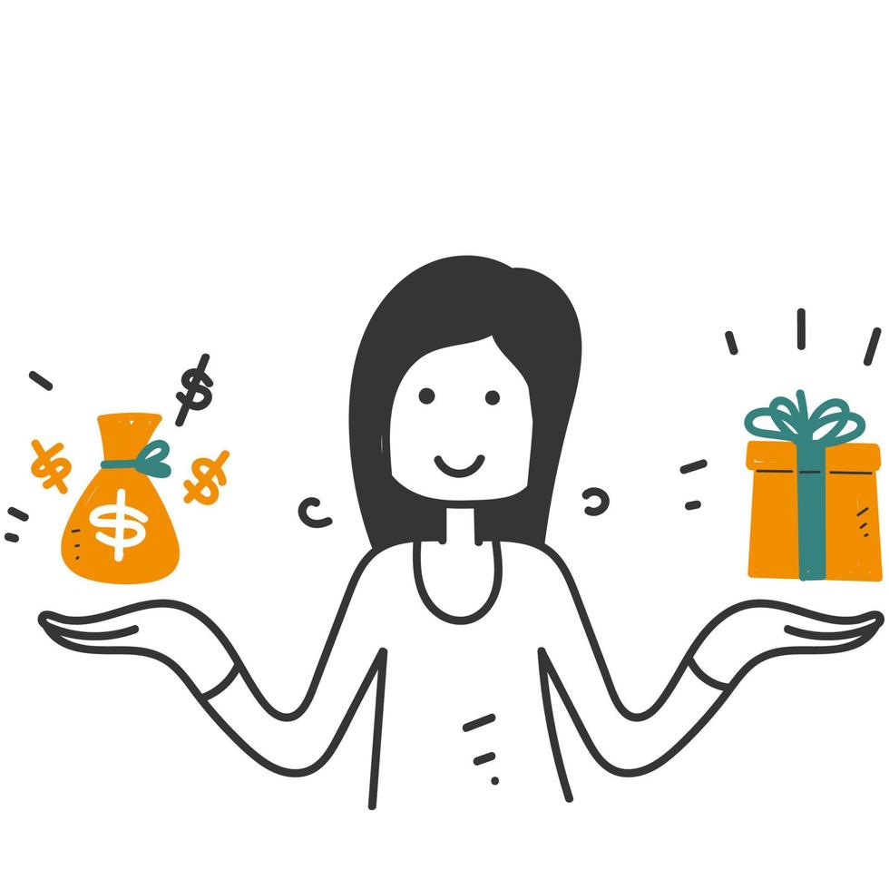 dibujado a mano doodle mujer mostrando caja de regalo y bolsa de dinero ilustración vector aislado
