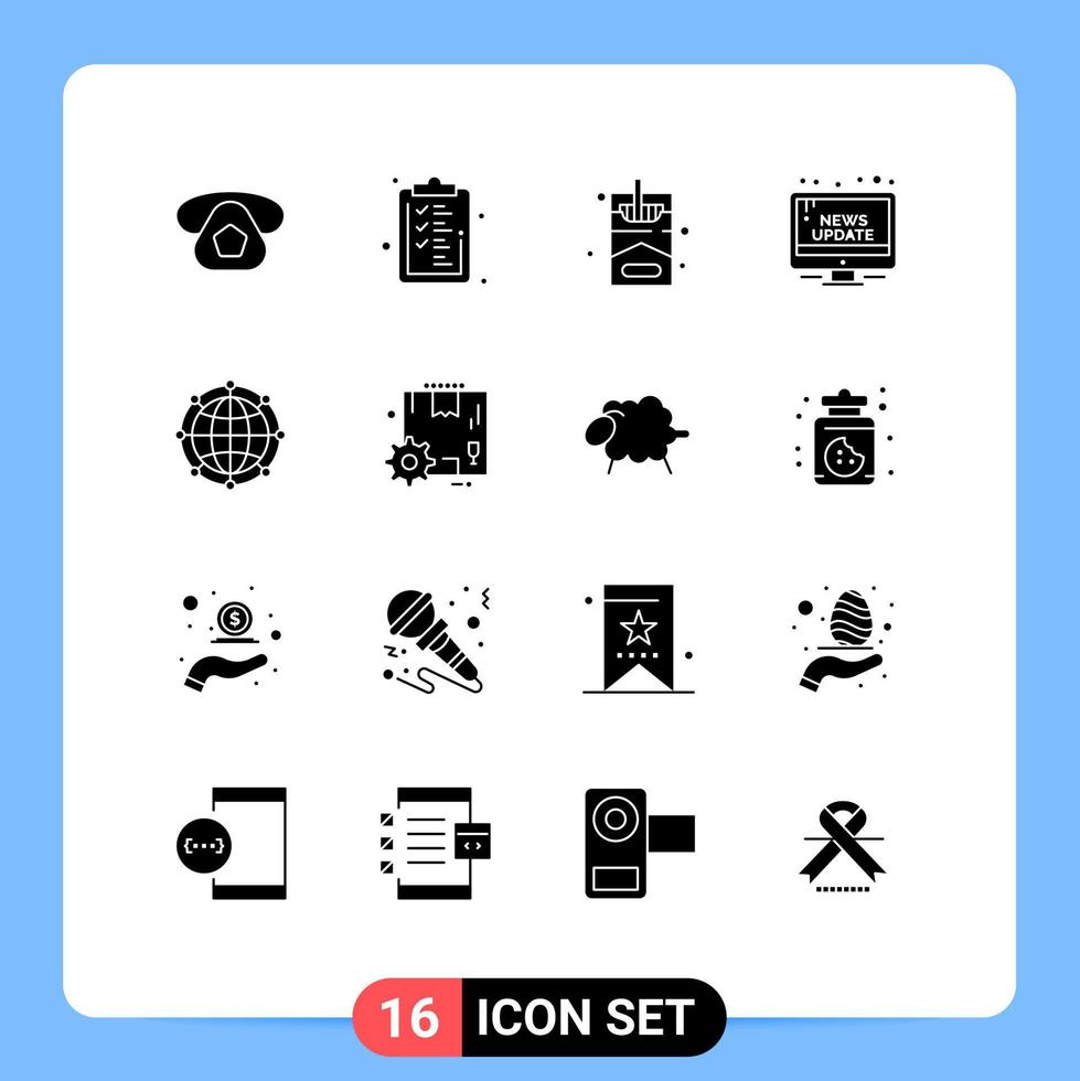 Group of 16 Solid Glyphs Signs and Symbols for global update smoke public information Editable Vector Design Elements