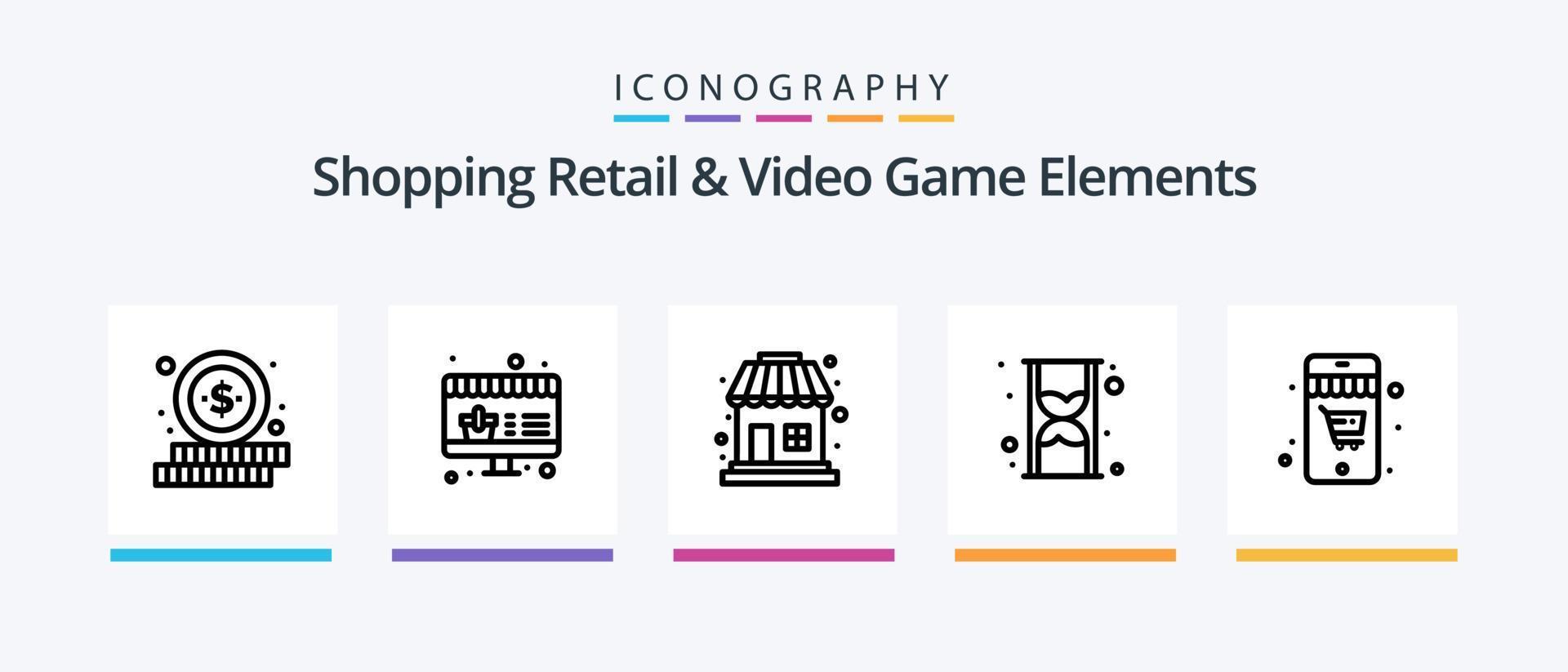 compras minoristas y elementos de videojuegos línea 5 paquete de iconos que incluye pegatina. nuevo. amar. teléfono inteligente jugando. diseño de iconos creativos vector