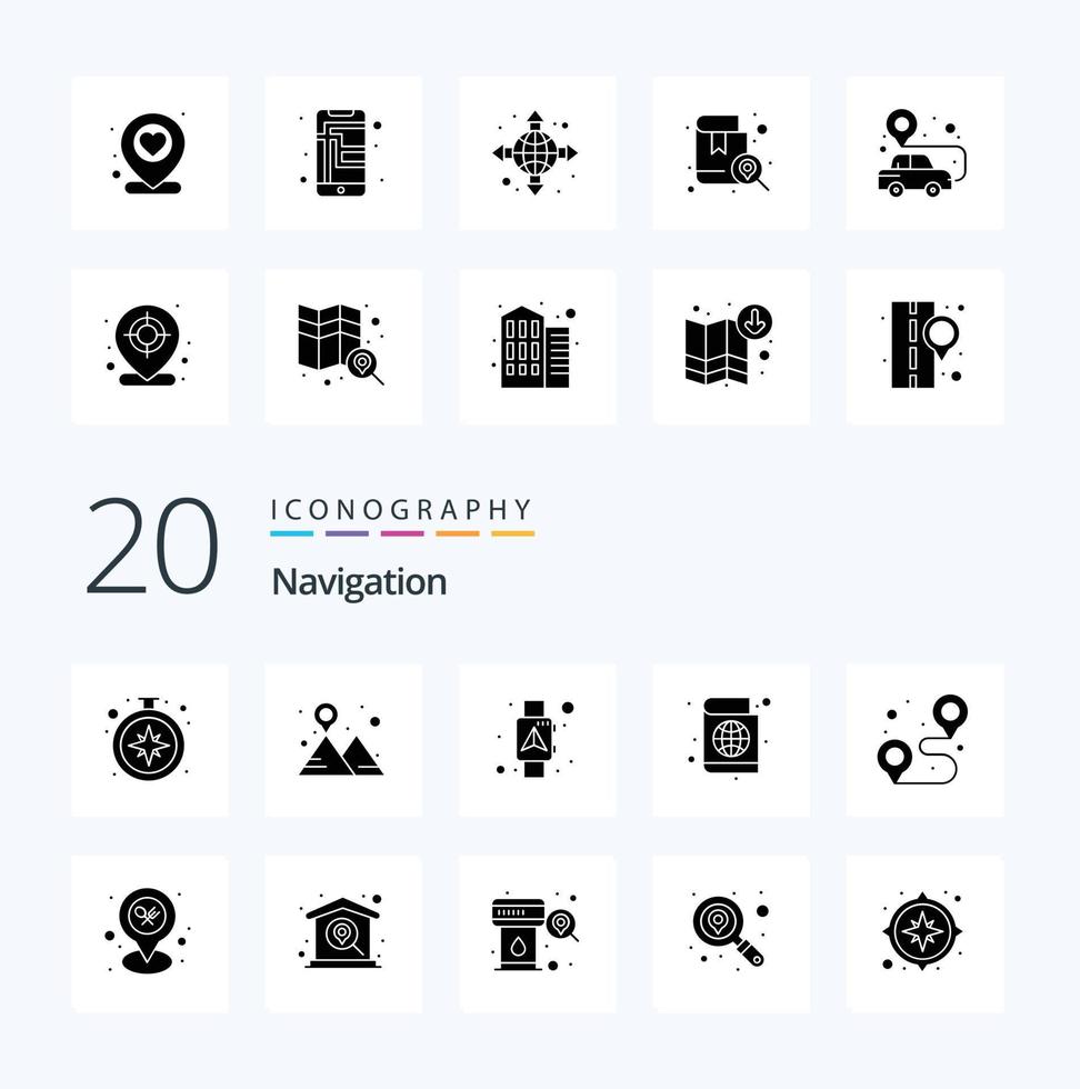 20 Navigation Solid Glyph icon Pack like pin passport book gps passport smart vector
