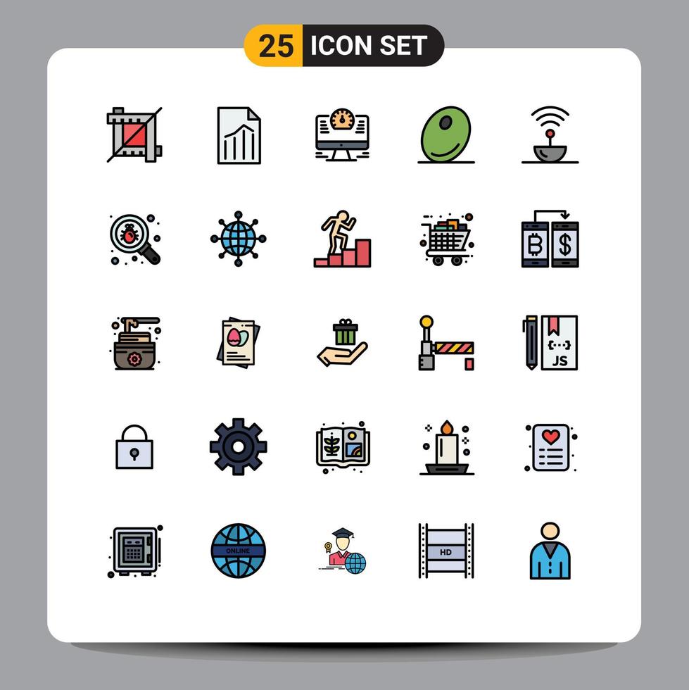 Filled line Flat Color Pack of 25 Universal Symbols of science antenna computer vegetable food Editable Vector Design Elements