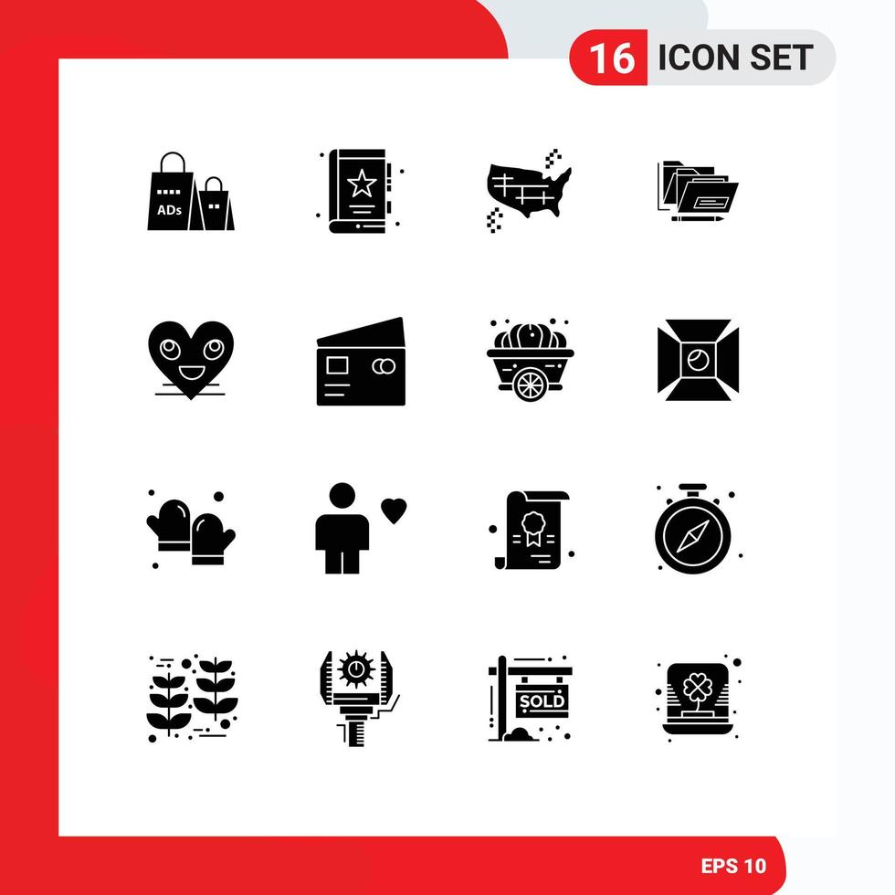 Group of 16 Solid Glyphs Signs and Symbols for date file marketing america united Editable Vector Design Elements