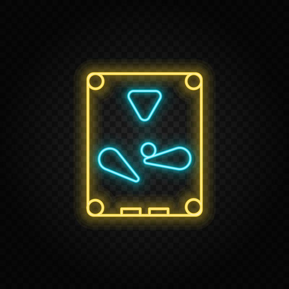 pinball, arcade, icono de neón del juego. icono de vector de neón azul y amarillo. fondo transparente de vectores