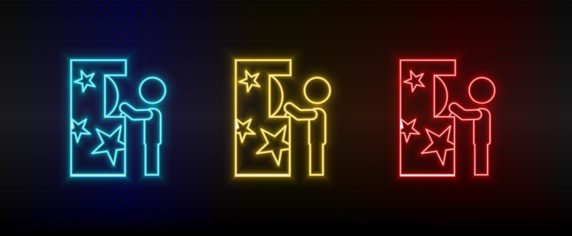 Neon icons. Child gamer play retro. Set of red, blue, yellow neon vector icon on darken background