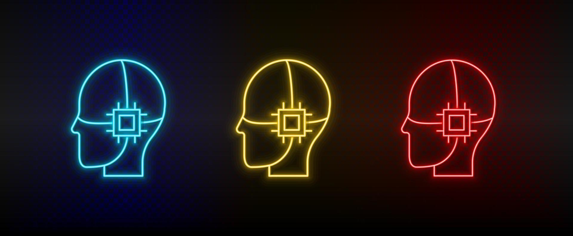 Neon icons. drive internal intelligence brain chip. Set of red, blue, yellow neon vector icon on darken background
