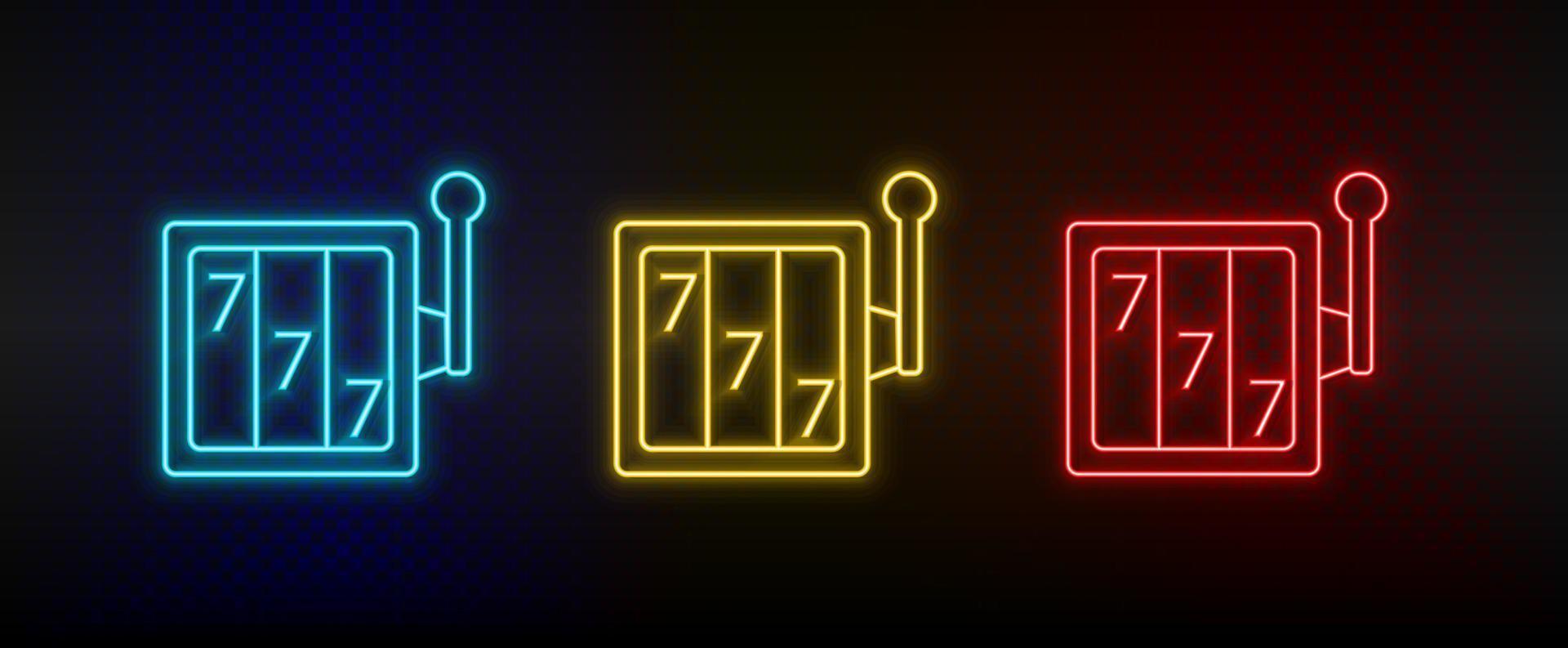 Neon icons. Casino gambling jackpot machine arcade. Set of red, blue, yellow neon vector icon on darken background