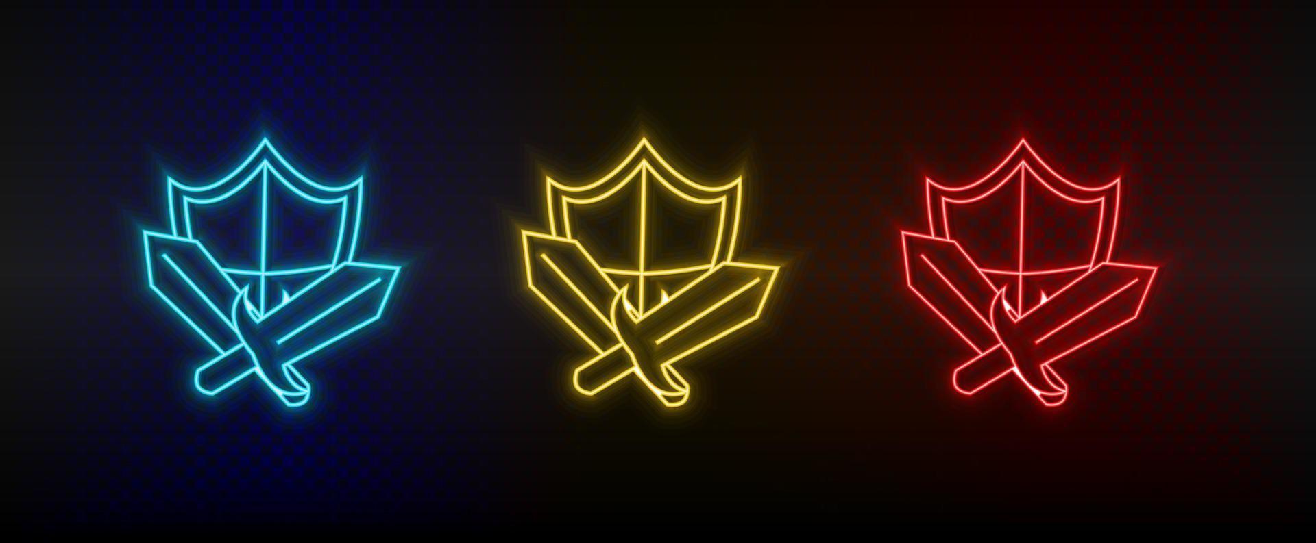 Neon icons. Sward shield retro game element. Set of red, blue, yellow neon vector icon on darken background