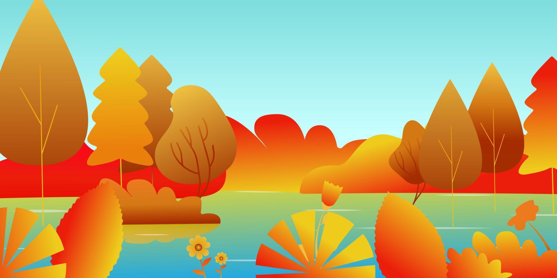 Autumn landscape with a lake and leaves. Vector illustration.