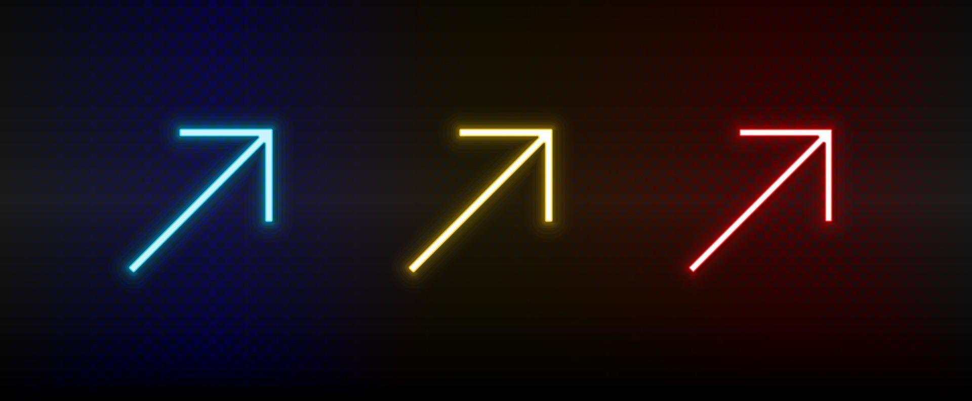 Neon icons. Ui arrow. Set of red, blue, yellow neon vector icon on darken background