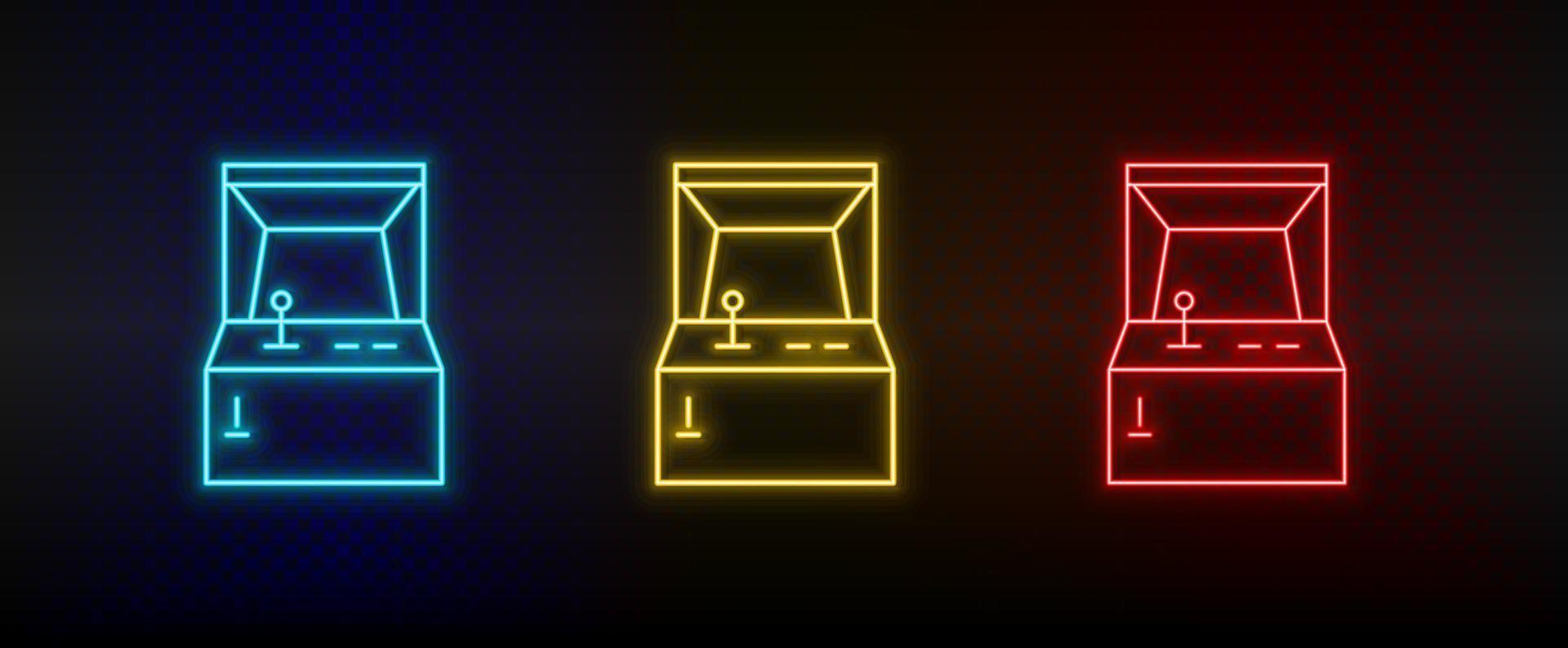 iconos de neón. consola de juegos retro arcade. conjunto de icono de vector de neón rojo, azul, amarillo sobre fondo oscuro