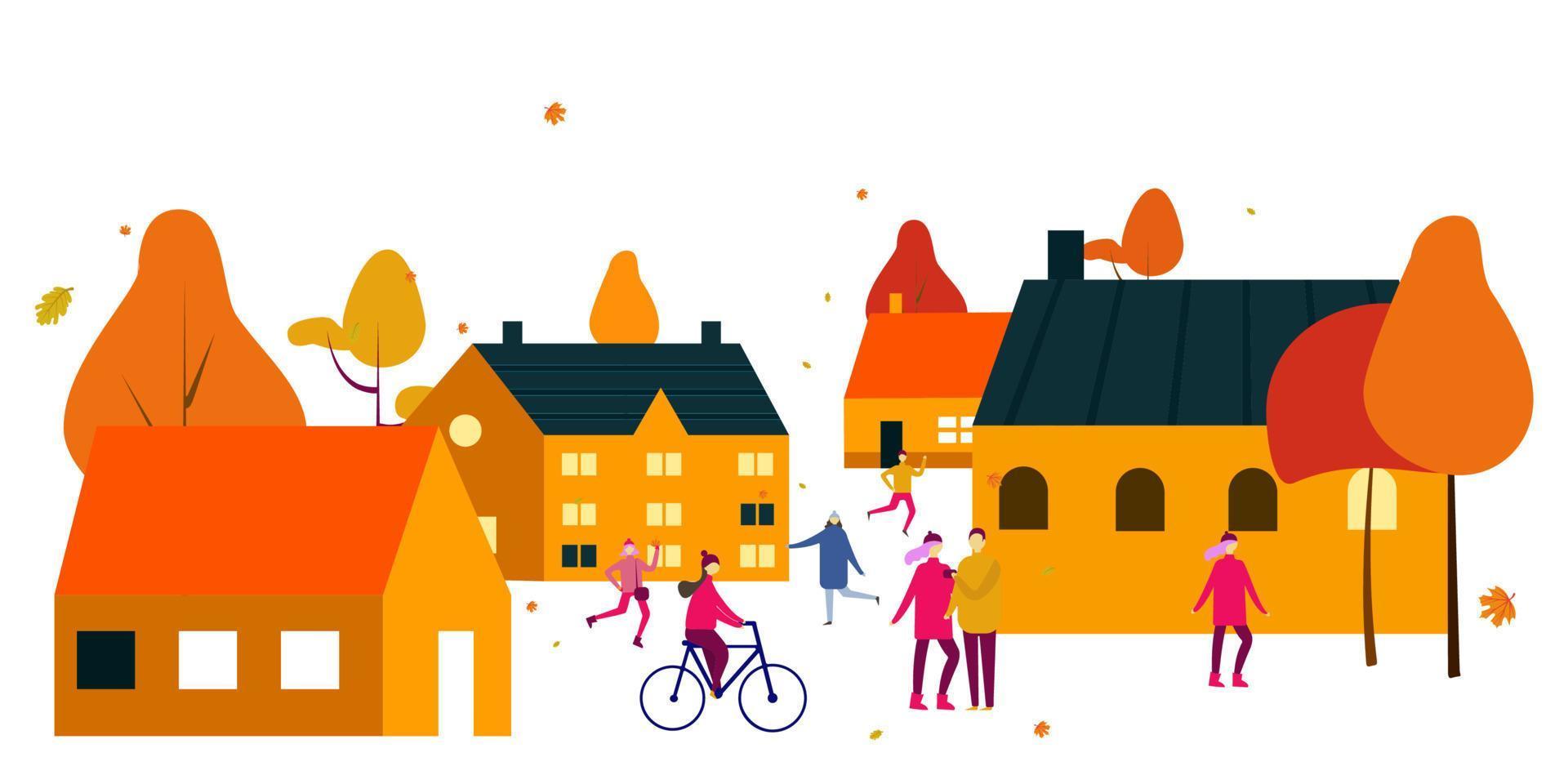 gente relajándose al aire libre en el parque urbano de otoño sobre el fondo del horizonte de la ciudad caminando montando en bicicleta y comunicándose con ilustraciones vectoriales planas. vector