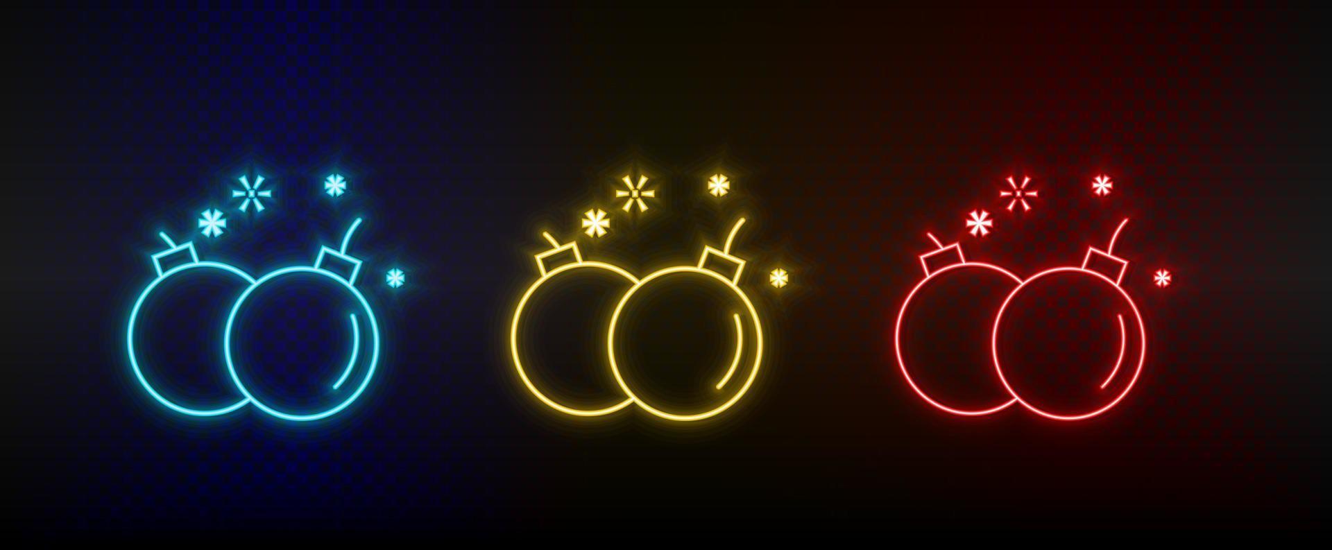 Neon icons. Bomb weapons detonation retro arcade. Set of red, blue, yellow neon vector icon on darken background