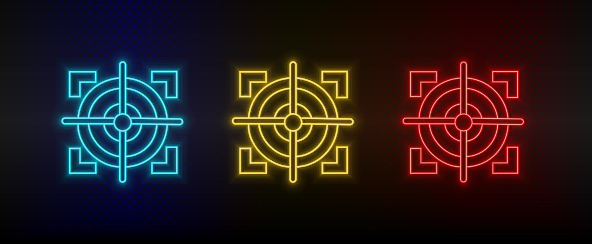 Neon icons. Target sniper objective. Set of red, blue, yellow neon vector icon on darken background