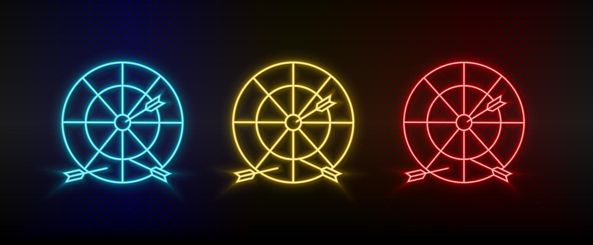 iconos de neón. círculo objetivo del tablero de dardos. conjunto de icono de vector de neón rojo, azul, amarillo sobre fondo oscuro