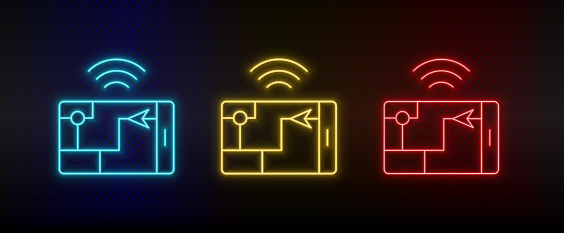 Neon icons. gps smart location. Set of red, blue, yellow neon vector icon on darken background