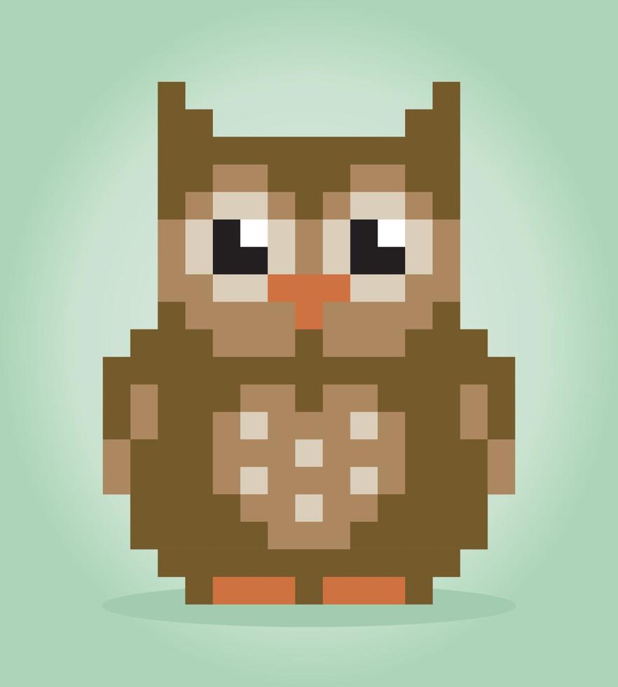 Búho de píxeles de 8 bits. animales para activos de juego y patrones de punto de cruz en ilustraciones vectoriales. vector