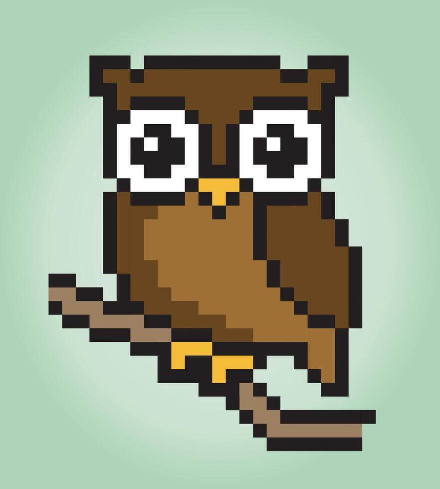 8 bit pixels owl on tree. Animals for game assets and cross stitch patterns in vector illustrations.