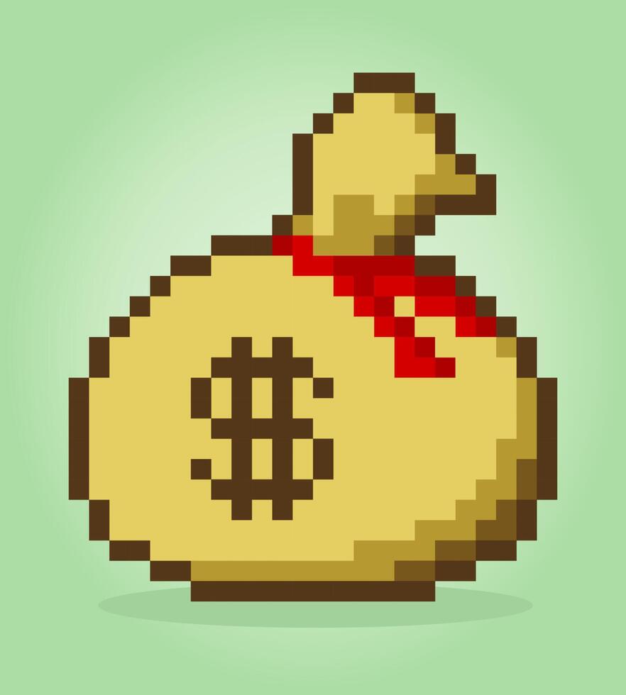 Pixel 8 bit money bag. Game assets icon in vector illustration.