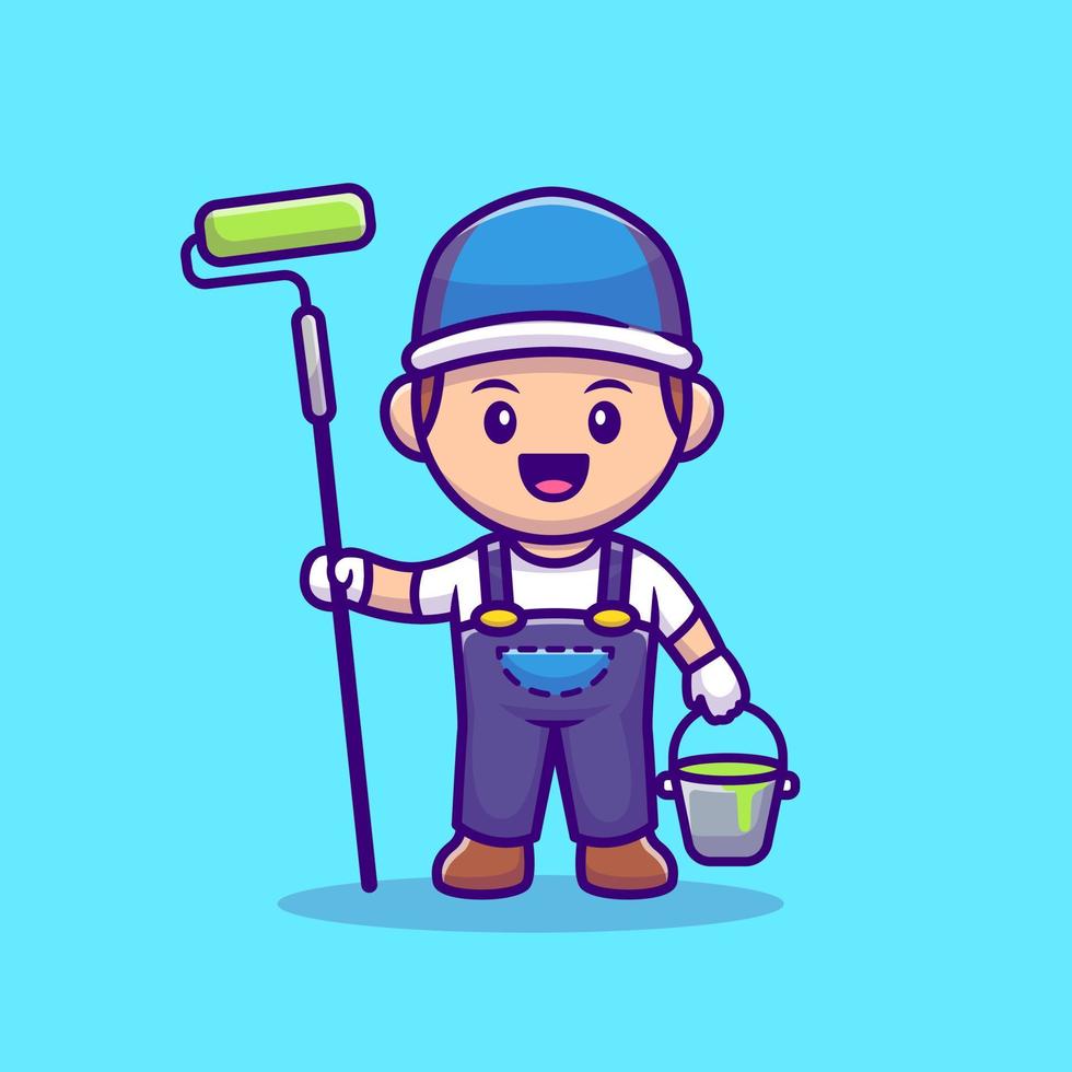 Painter With Roll Brush And Bucket Paint Cartoon Vector Icon Illustration.  People Profession Icon Concept Isolated Premium Vector. Flat Cartoon Style  16079121 Vector Art at Vecteezy