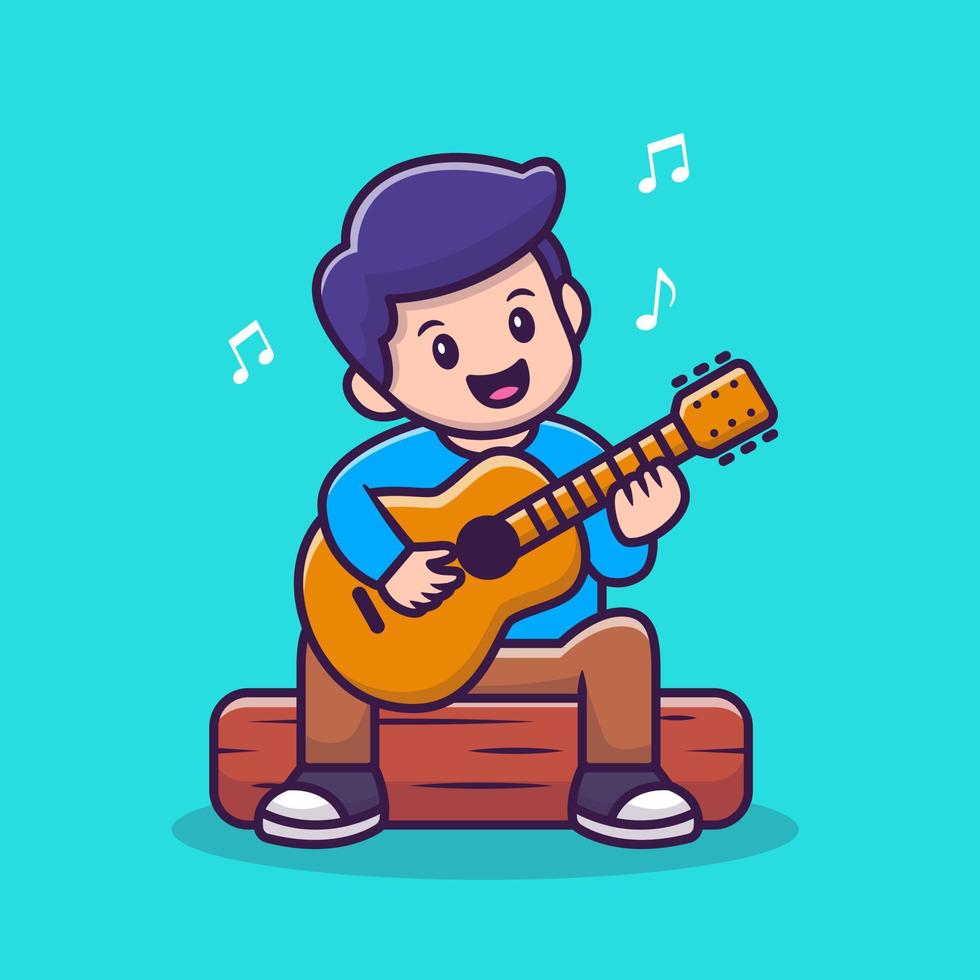 Cute Boy Playing Guitar Cartoon Vector Icon Illustration. People Music Icon Concept Isolated Premium Vector. Flat Cartoon Style