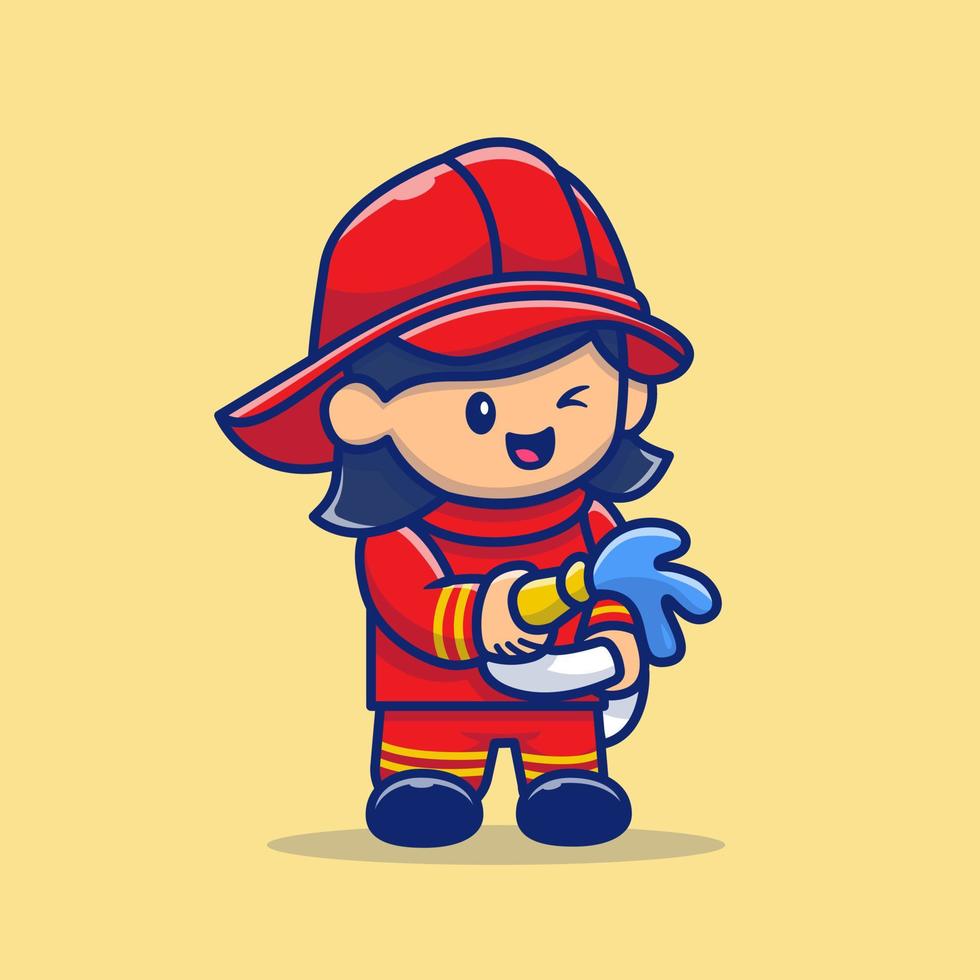 Cute Firefighter Cartoon Vector Icon Illustration. People Profession Icon Concept Isolated Premium Vector. Flat Cartoon Style
