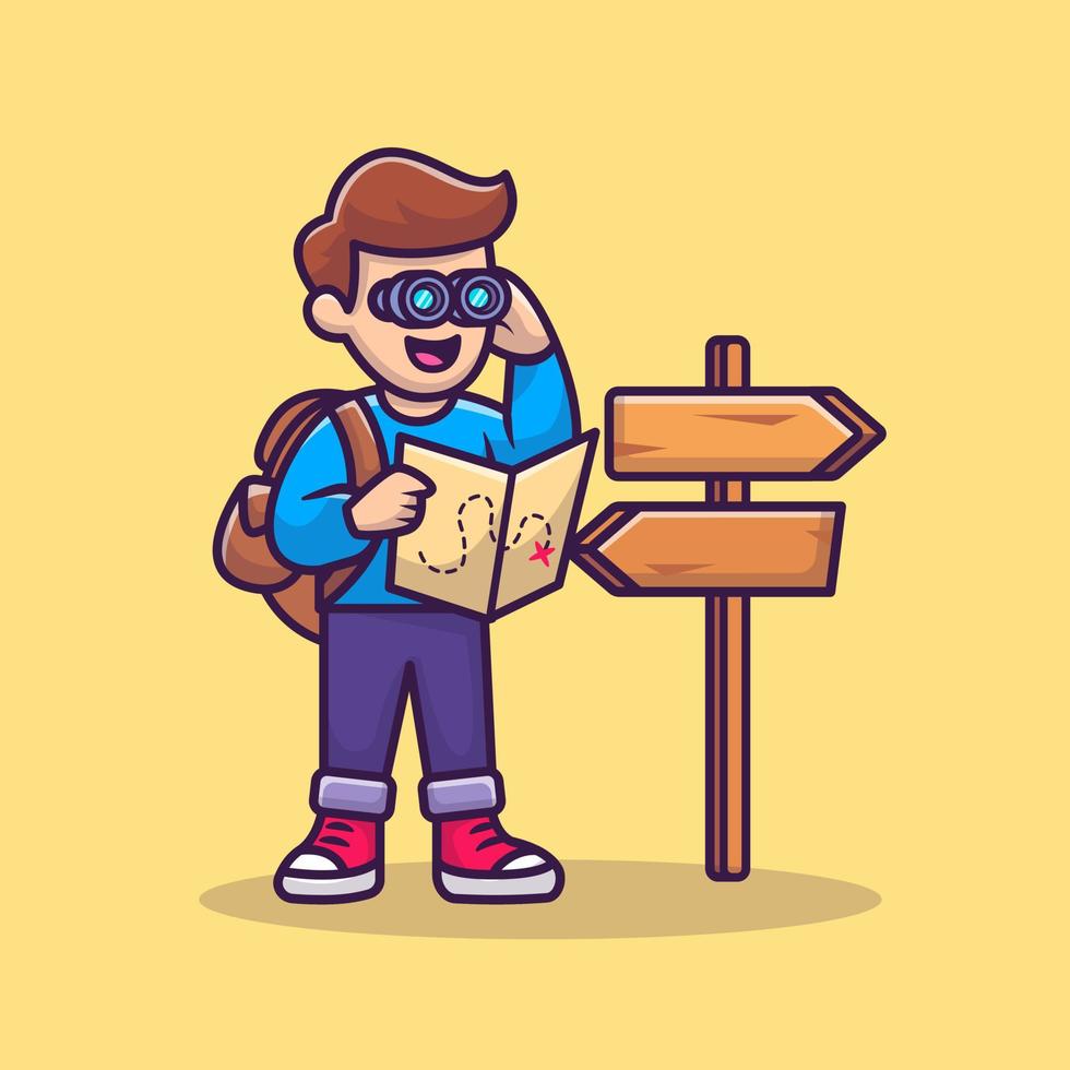 Cute Travelling Boy With Binocular Cartoon Vector Icon Illustration. People Icon Concept Isolated Premium Vector. Flat Cartoon Style