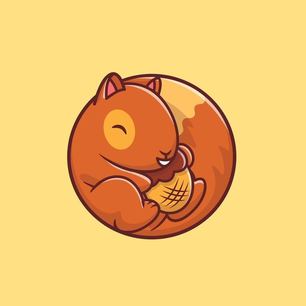 Cute Squirrel Holding Acorn Nut Cartoon Vector Icon Illustration. Animal Food Icon Concept Isolated Premium Vector. Flat Cartoon Style