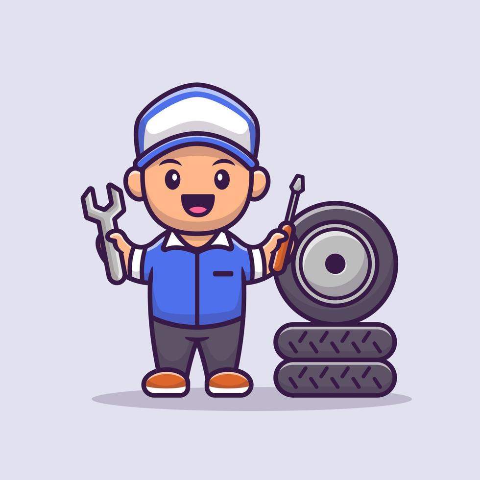 Male Mechanic Cartoon Vector Icon Illustration. People Profession Icon Concept Isolated Premium Vector. Flat Cartoon Style