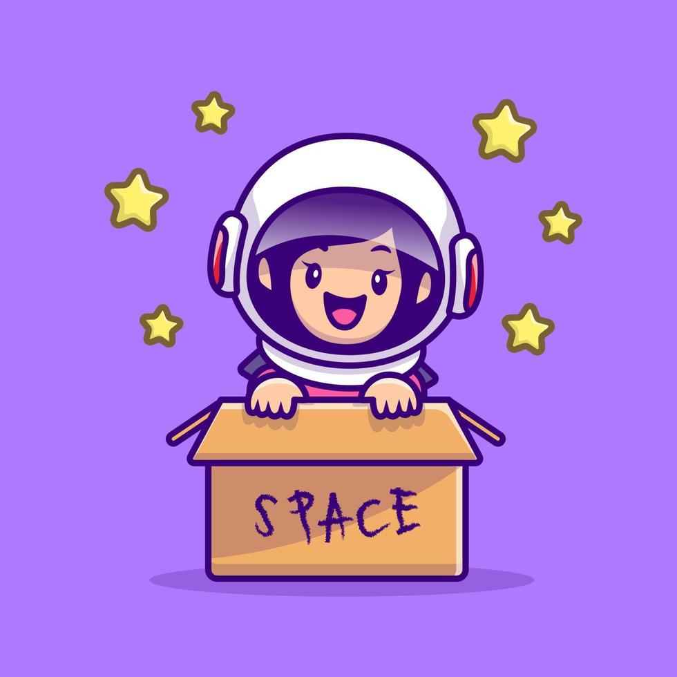 Cute Astronaut Girl In Box Cartoon Vector Icon Illustration. People Technology Icon Concept Isolated Premium Vector. Flat Cartoon Style