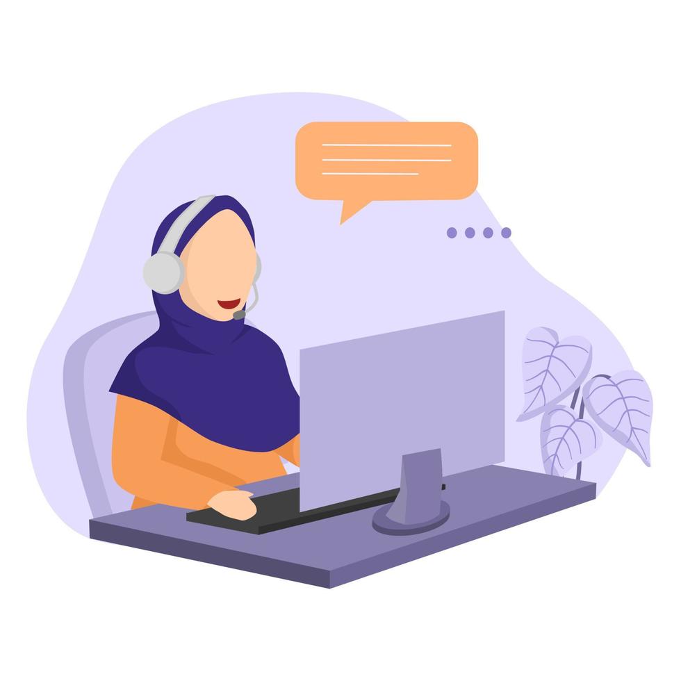 illustration of muslim woman working on the computer. telemarketing worker in the office vector