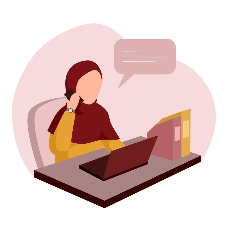 Muslim Woman Working on The Laptop. Illustration of worker communication vector
