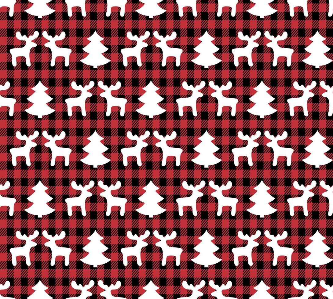 Buffalo plaid Christmas Jingle Bells on the background of the music page. Festive seamless pattern. Vector illustration.