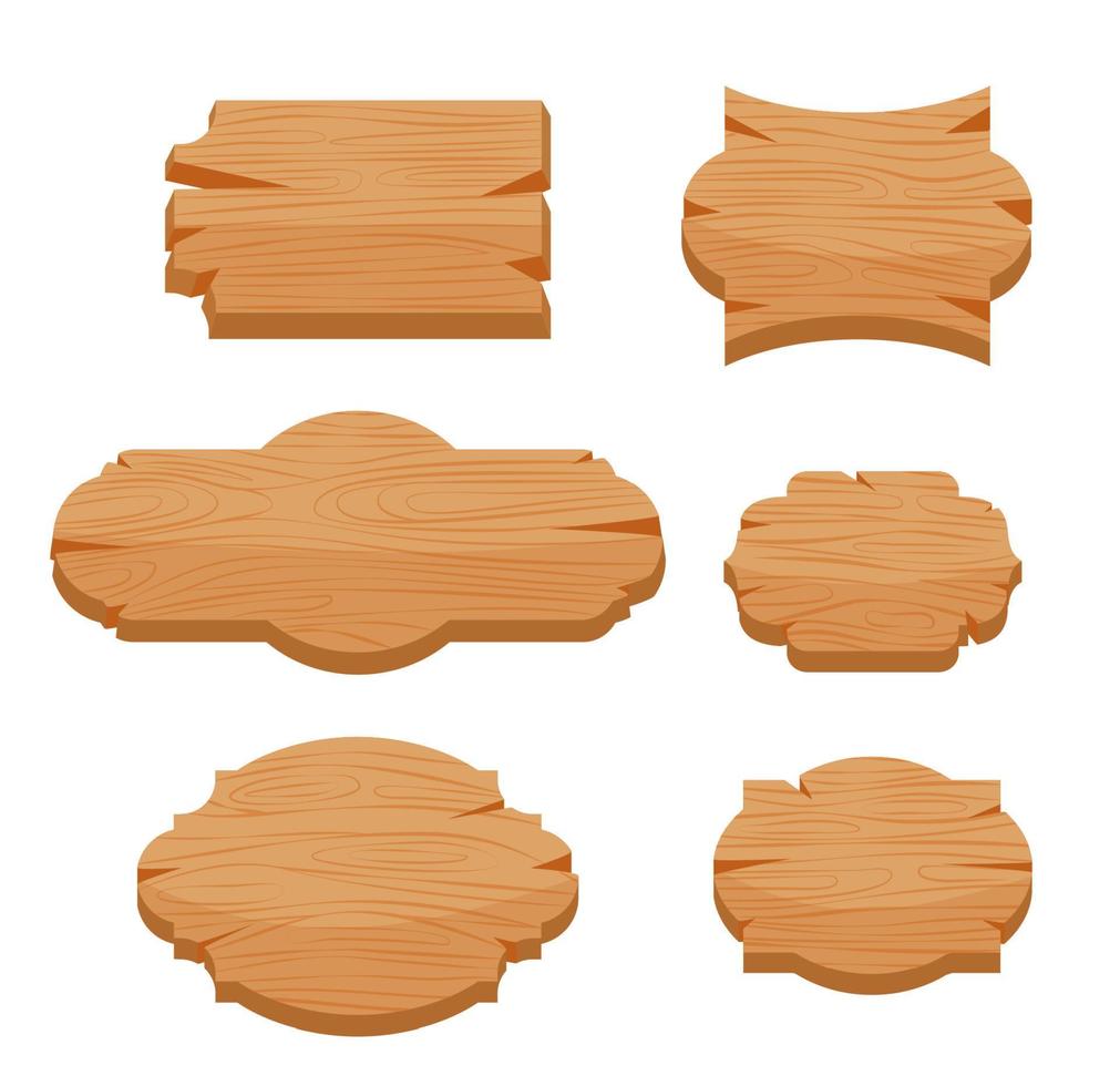 Set of 6 shapes wooden sign boards. Vector illustration