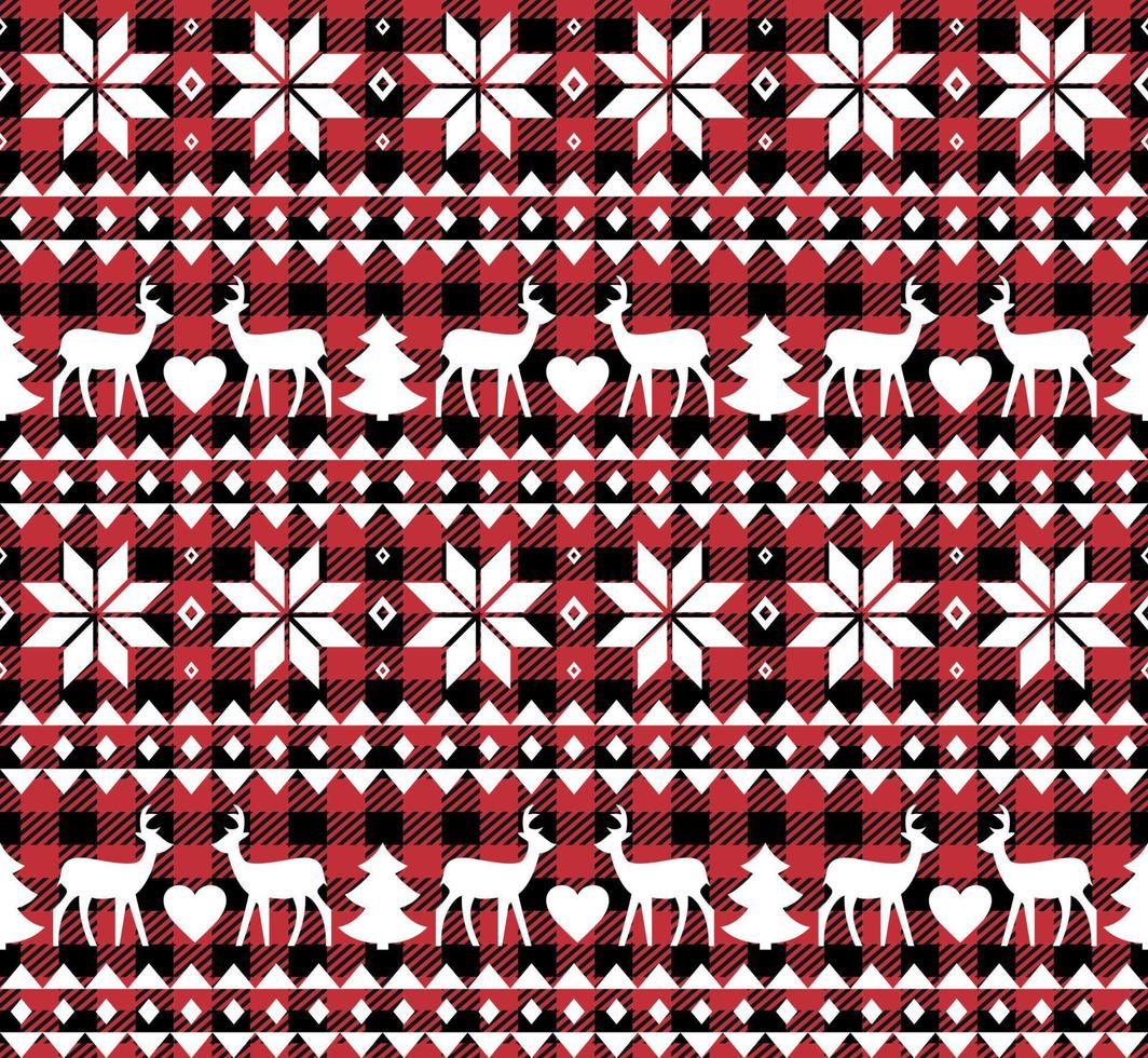 Buffalo plaid Christmas Jingle Bells on the background of the music page. Festive seamless pattern. Vector illustration.