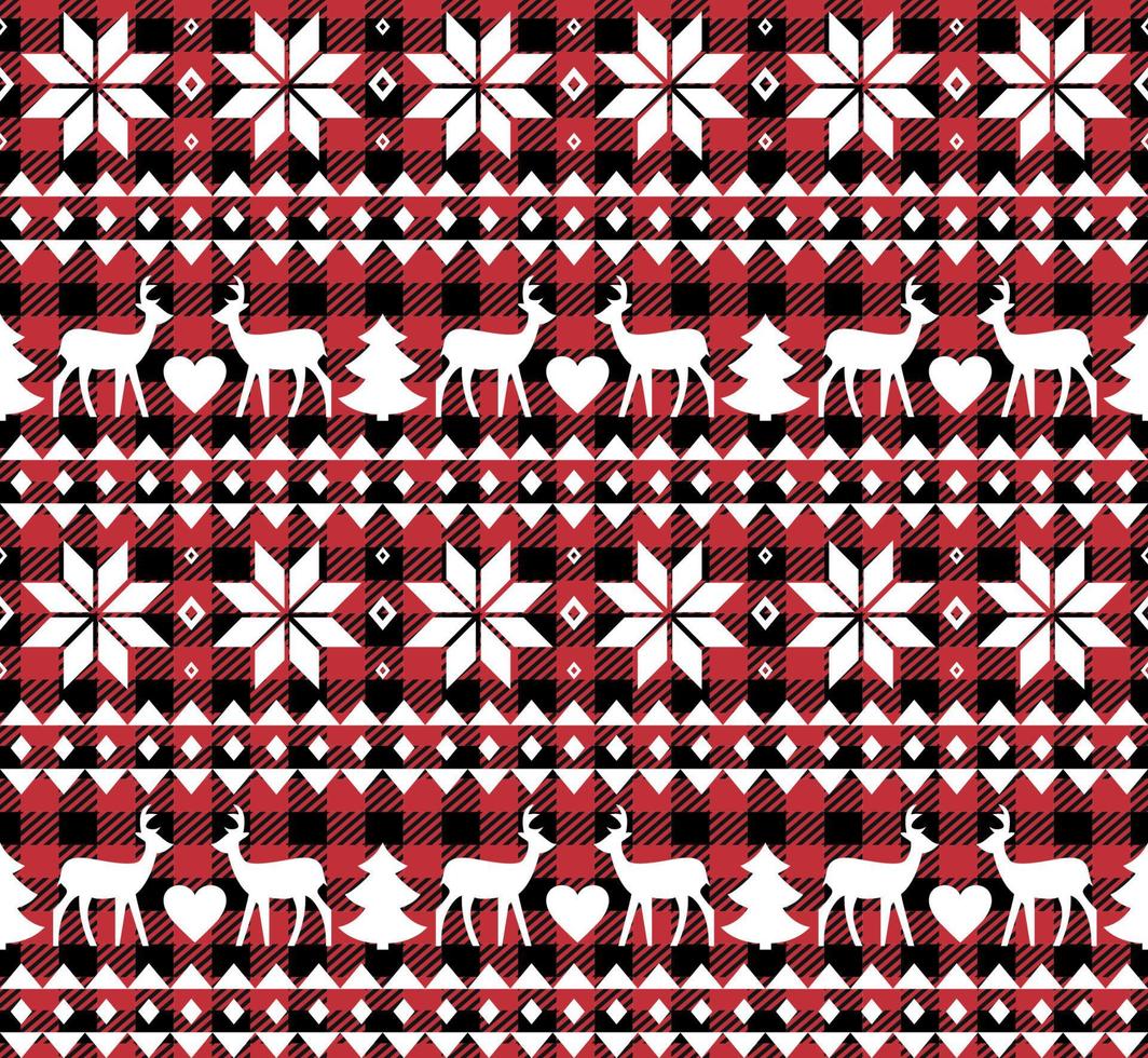 Buffalo plaid Christmas Jingle Bells on the background of the music page. Festive seamless pattern. Vector illustration.