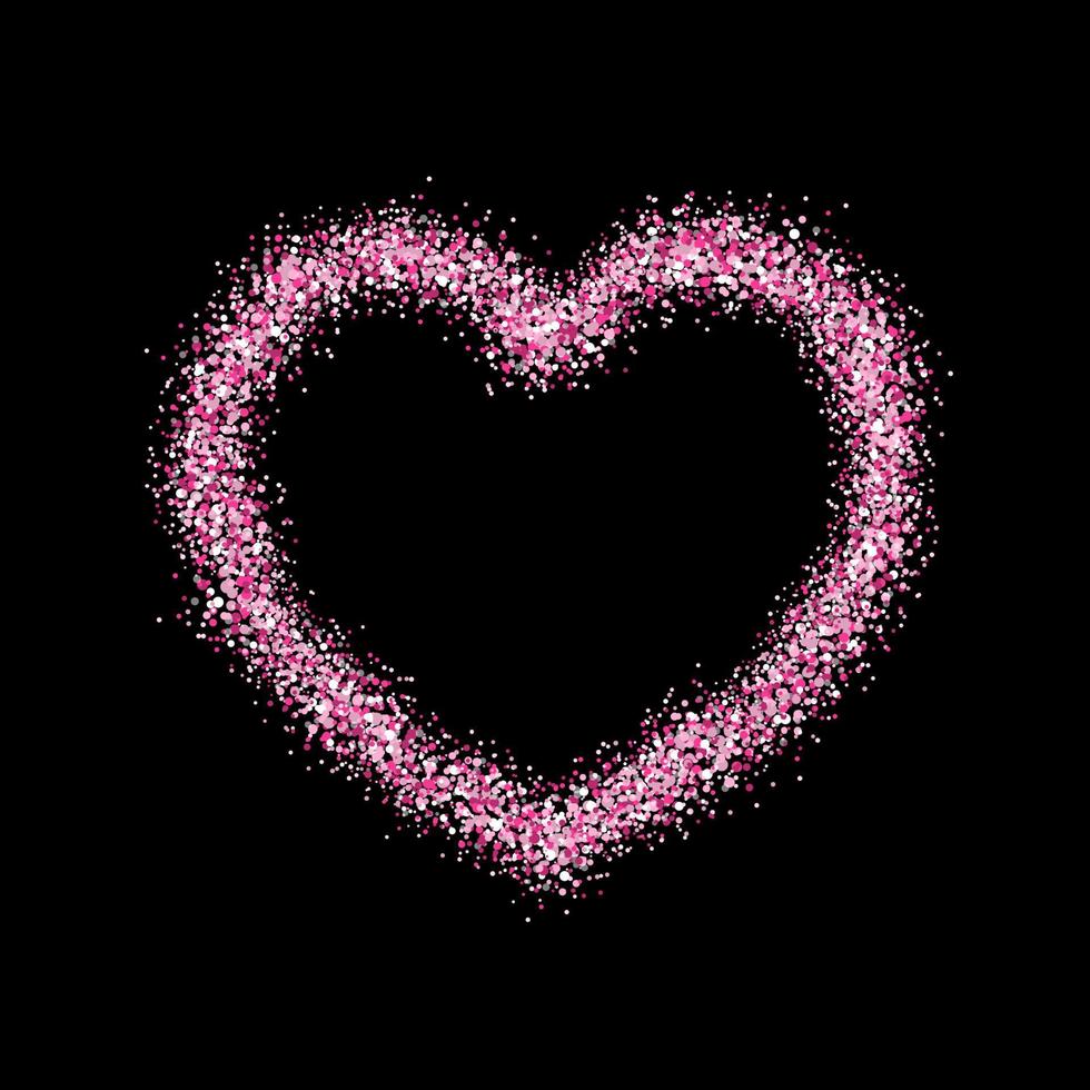 Frame in the shape of a heart made of sparkling confetti on black background. Valentines day card template vector