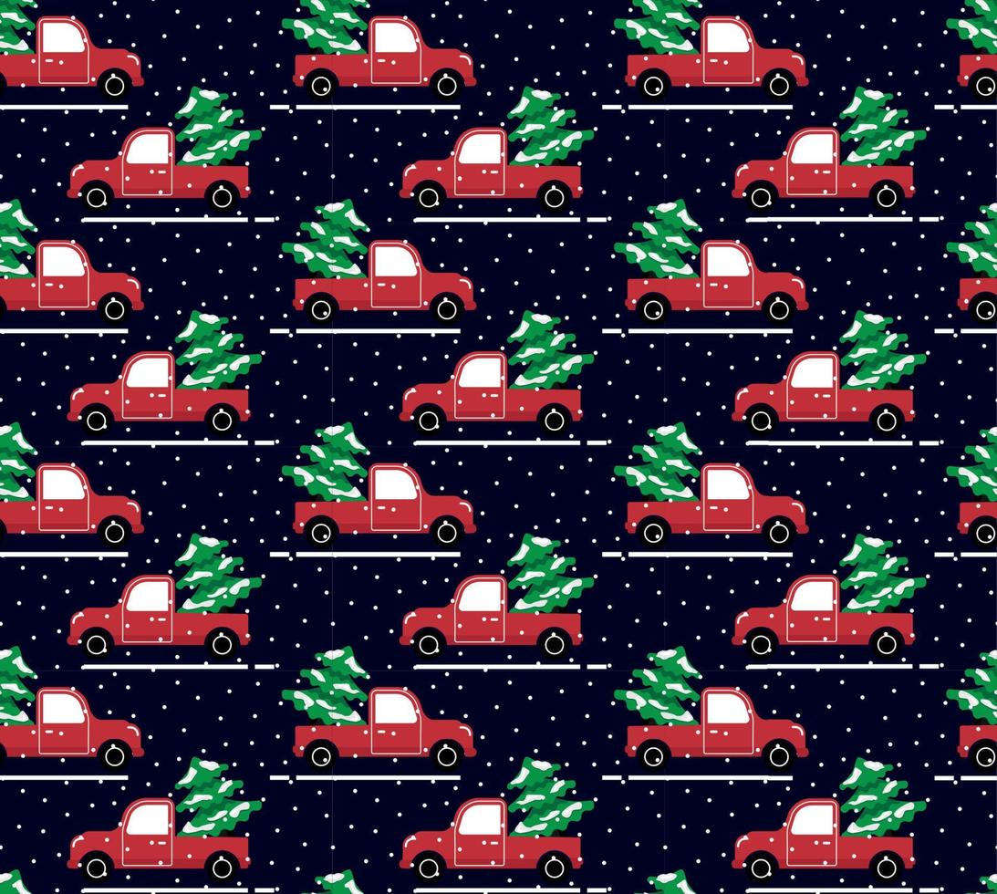 Seamless christmas pattern cabriolet carrying christmas tree vector