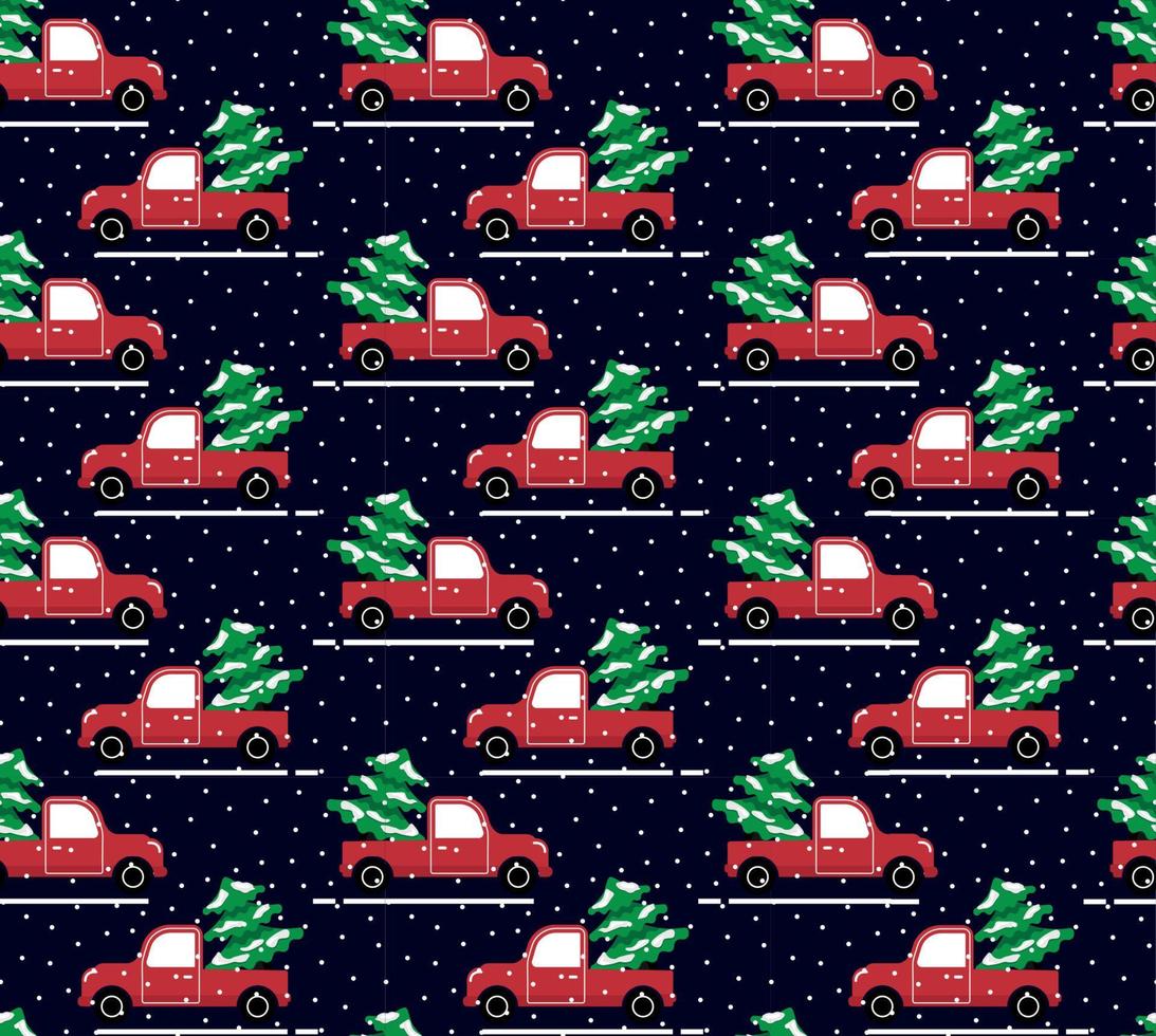 Seamless christmas pattern cabriolet carrying christmas tree vector