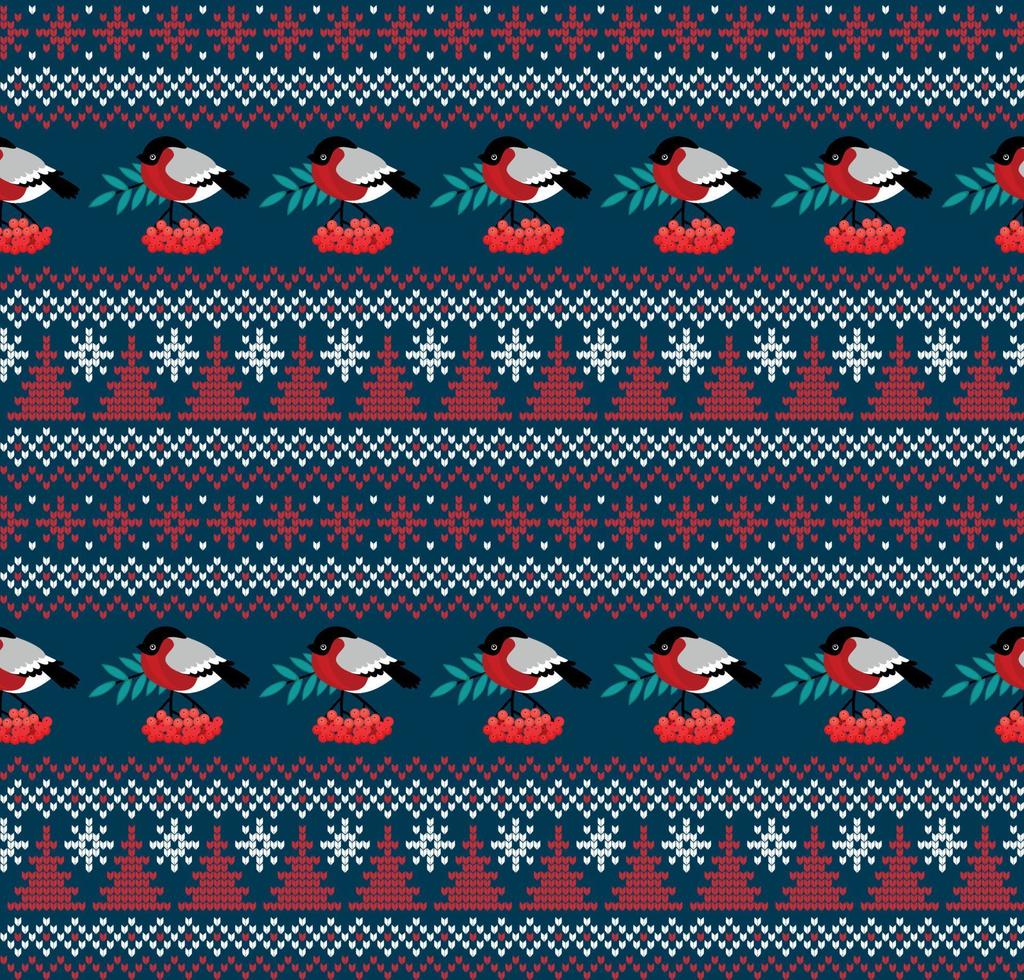 Knitted Christmas and New Year pattern in bullfinch. Wool Knitting Sweater Design. Wallpaper wrapping paper textile print. Eps 10 vector