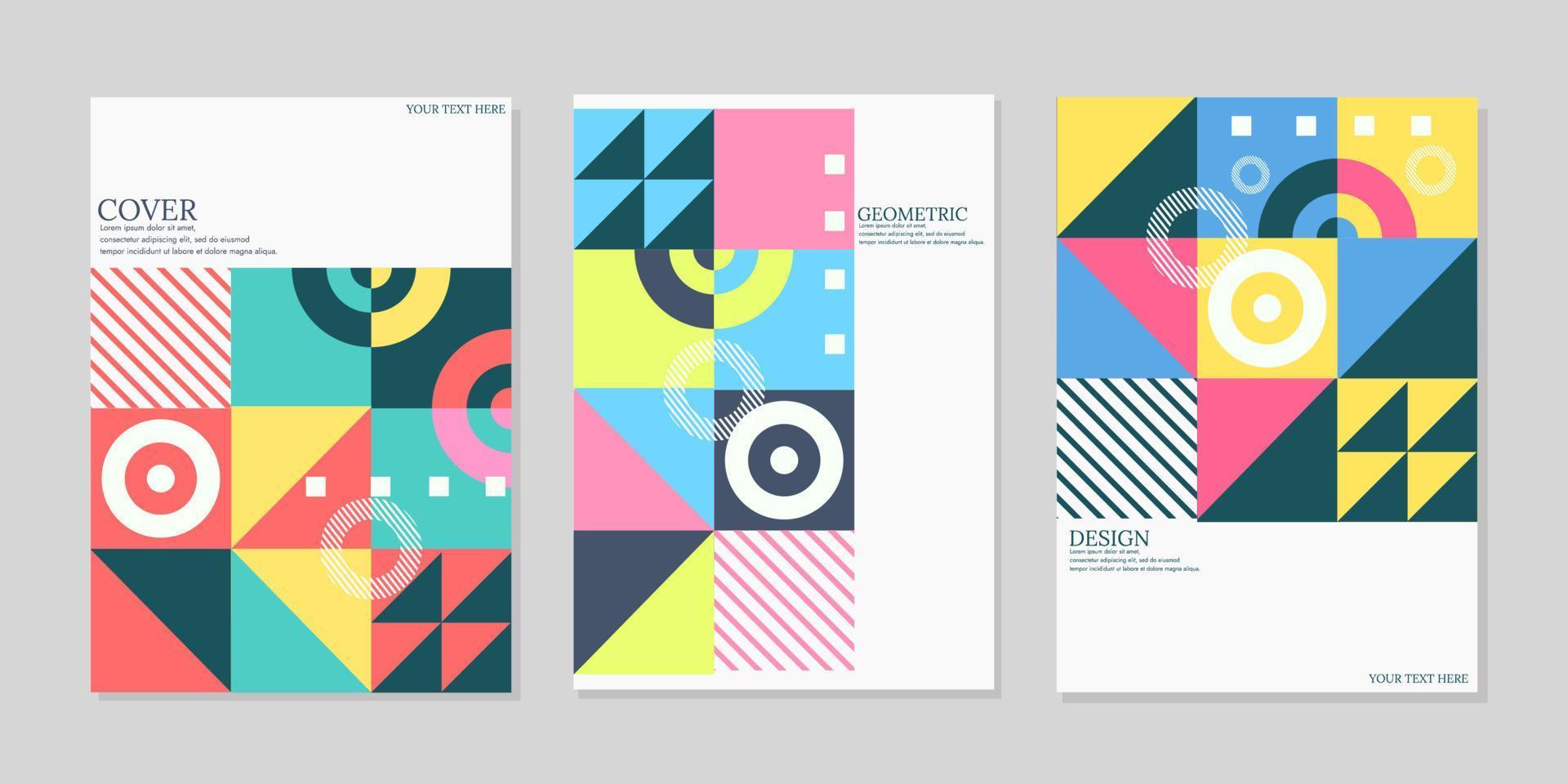 Colorful neo geometric cover. Grid with color geometrical shapes. Set of modern abstract pattern background vector illustrations. bauhaus style template