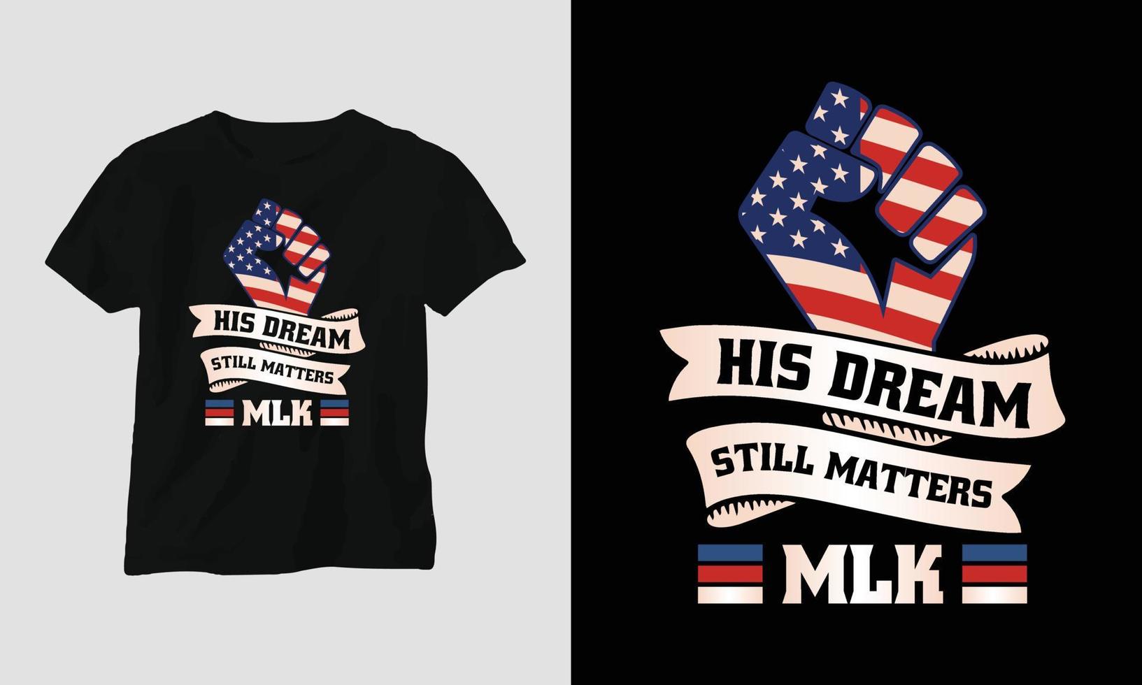 Martin Luther King hijo. diseño de camisetas de día en el tema de EE. UU. con cinta, puño, bandera vector