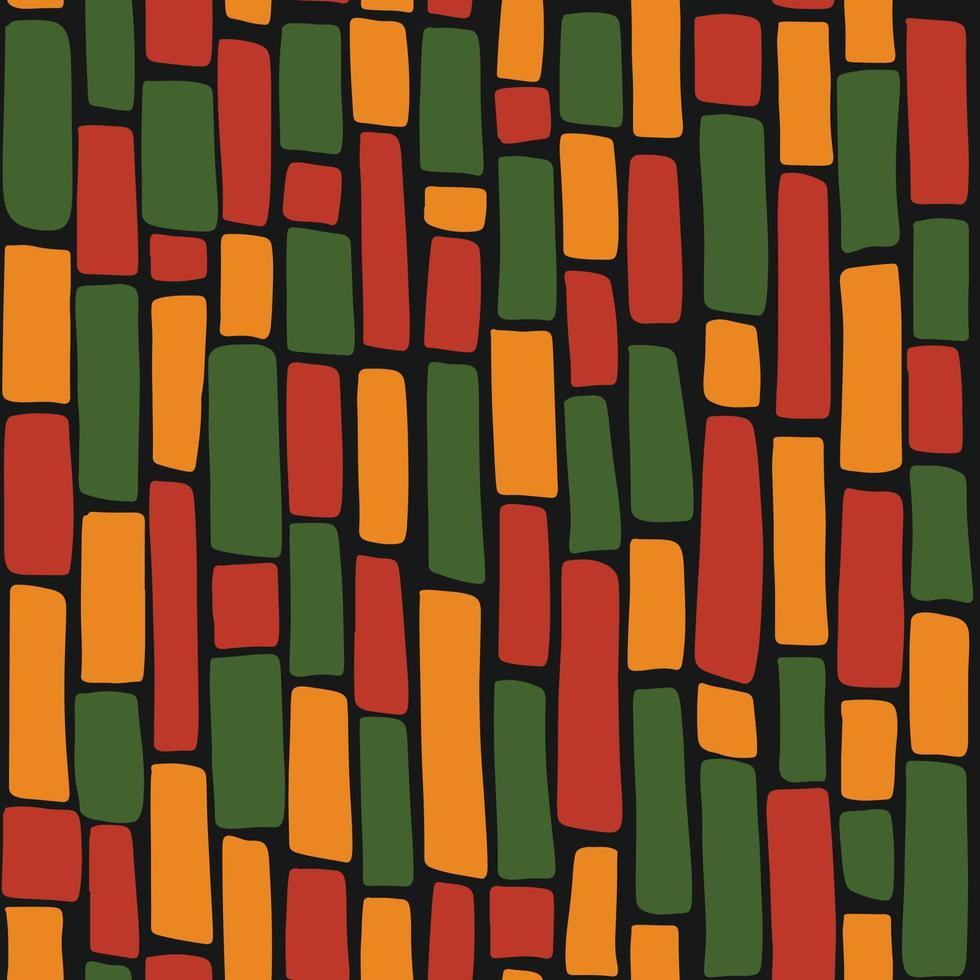 Abstract Kwanzaa, Black History Month, Juneteenth seamless pattern with hand drawn vertical lines in traditional African colors - black, red, yellow, green. Vector tribal geometric ethnic background