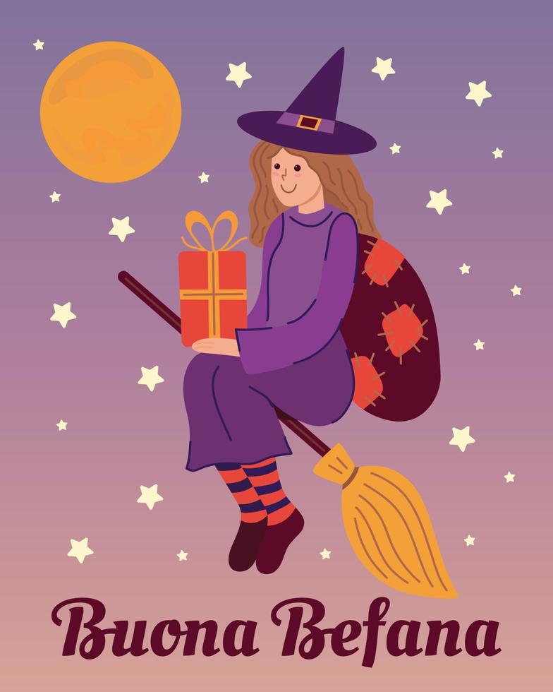 Buona Befana - Italian translation - Happy Befana. Cute Witch Befana traditional Christmas Epiphany character in Italy flying on broomstick. Full moon on night sky with stars gradient background vector