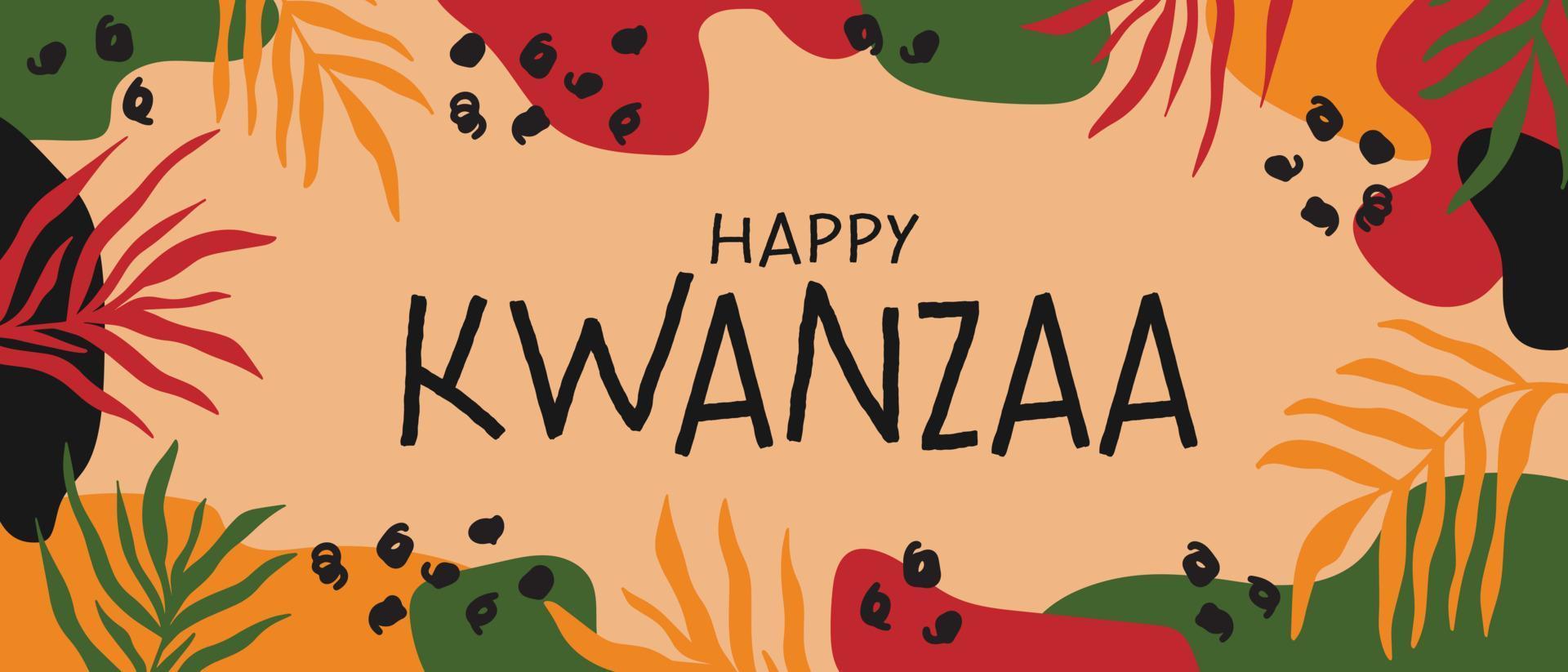 feliz kwanzaa diseño de banner largo horizontal colorido brillante abstracto con formas orgánicas aleatorias, hojas de palma. plantilla vectorial para la celebración afroamericana de kwanzaa en estados unidos vector