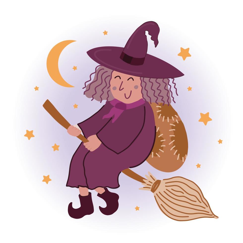 linda ilustración vectorial de dibujos animados de la bruja befana - personaje mágico tradicional de la epifanía navideña italiana, volando en un palo de escoba, fondo de cielo degradado vector