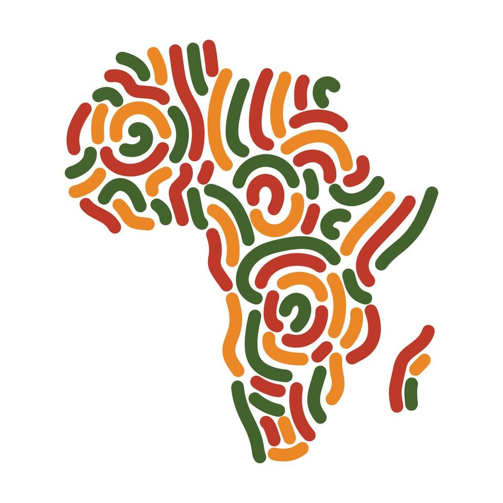 Africa map, decorative silhouette of African continent with abstract lines ornament in color of Pan African flag - red, yellow, green. Liner stroke smooth round lines ornament in shape of Africa. vector